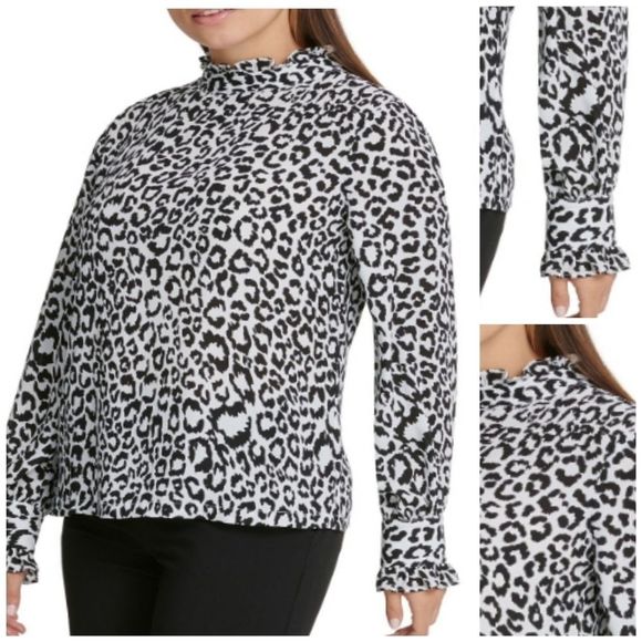 Dkny Animal Printed Ruffle-Neck Top size XL - Picture 1 of 6
